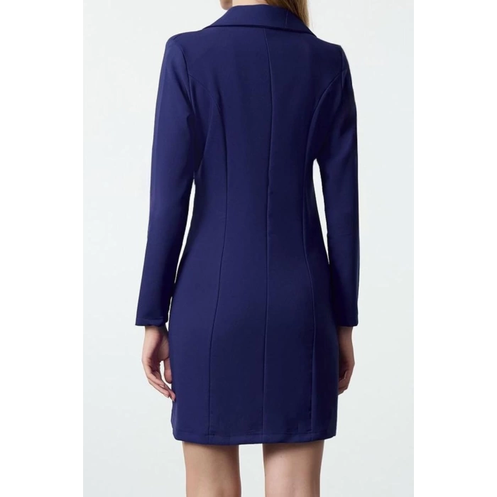 Kadın Moda Şık Mini Boy Ceket Yaka Fitted Fermuar Detaylı Dokuma Elbise
