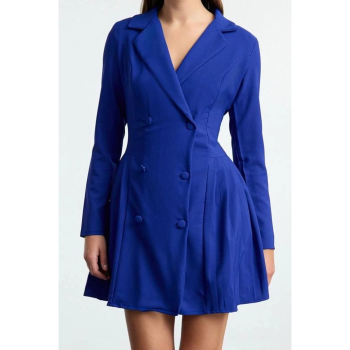 Kadın Moda Şık Mini Boy Ceket Yaka Regular Piliseli Dokuma Ceket Elbise