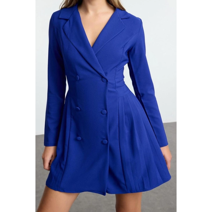 Kadın Moda Şık Mini Boy Ceket Yaka Regular Piliseli Dokuma Ceket Elbise