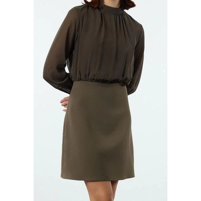 Kadın Moda Şık Mini Boy Dik Yaka Fitted A Kesim Astarlı Şifon Dokuma Elbise