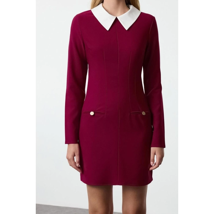 Kadın Moda Şık Mini Boy Gömlek Yaka Regular Yaka Detaylı Dokuma Elbise