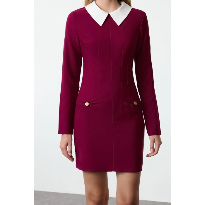 Kadın Moda Şık Mini Boy Gömlek Yaka Regular Yaka Detaylı Dokuma Elbise