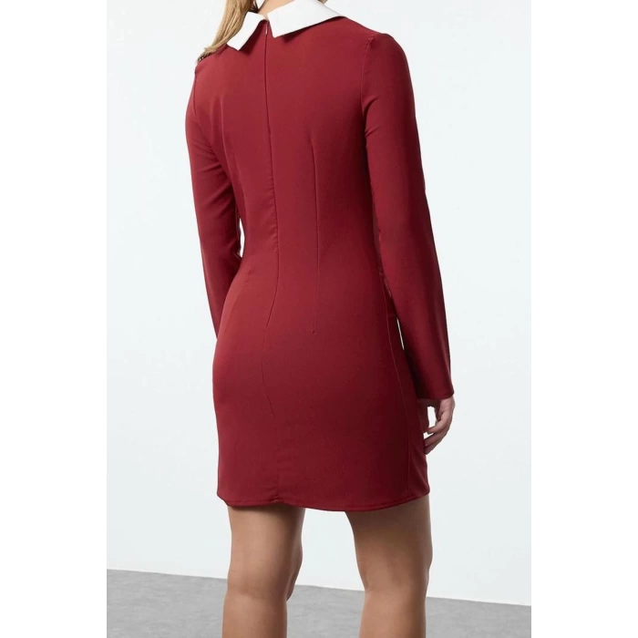 Kadın Moda Şık Mini Boy Gömlek Yaka Regular Yaka Detaylı Dokuma Elbise