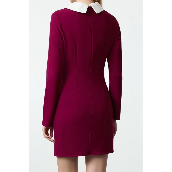 Kadın Moda Şık Mini Boy Gömlek Yaka Regular Yaka Detaylı Dokuma Elbise