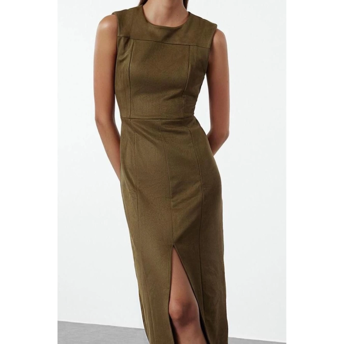 Kadın Moda Şık Midi Boy Bisiklet Yaka Fitted Yırtmaçlı Düz Kesim Süet Dokuma Elbise