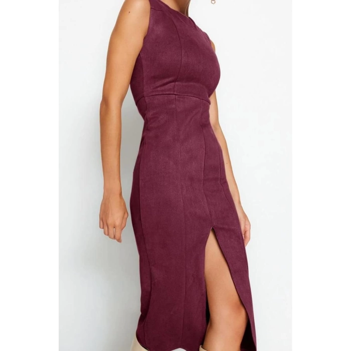Kadın Moda Şık Midi Boy Bisiklet Yaka Fitted Yırtmaçlı Düz Kesim Süet Dokuma Elbise