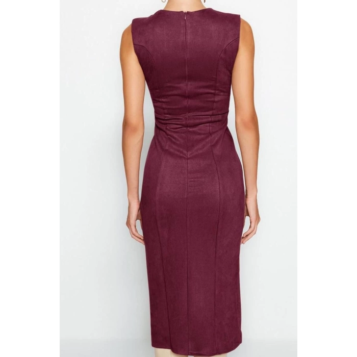 Kadın Moda Şık Midi Boy Bisiklet Yaka Fitted Yırtmaçlı Düz Kesim Süet Dokuma Elbise