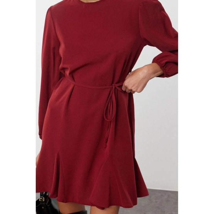 Women Fashion Stylish Mini Length Crew Neck Regular Belted Plain Woven Dress