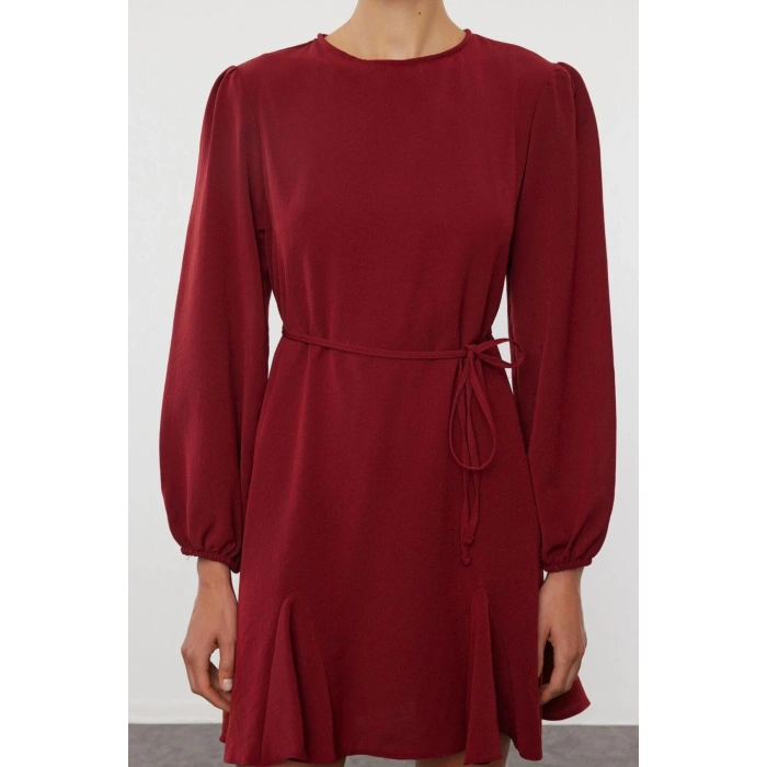 Women Fashion Stylish Mini Length Crew Neck Regular Belted Plain Woven Dress