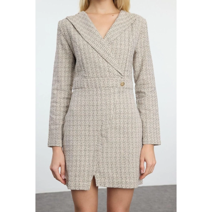Kadın Moda Şık Mini Boy Ceket Yaka Regular Ekose Kareli Dokuma Elbise