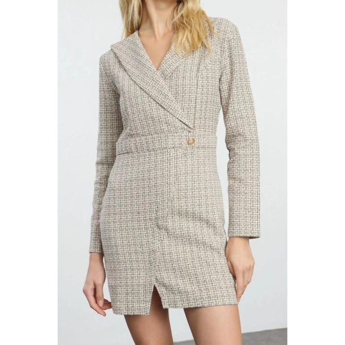 Kadın Moda Şık Mini Boy Ceket Yaka Regular Ekose Kareli Dokuma Elbise