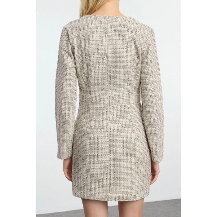 Kadın Moda Şık Mini Boy Ceket Yaka Regular Ekose Kareli Dokuma Elbise