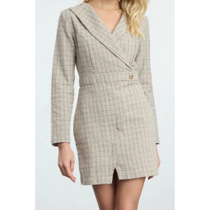 Kadın Moda Şık Mini Boy Ceket Yaka Regular Ekose Kareli Dokuma Elbise