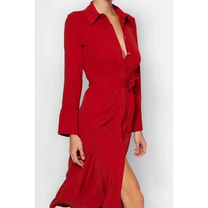 Kadın Moda Şık Midi Boy Gömlek Yaka Regular Kuşaklı Düğmeli Dokuma Gömlek Elbise