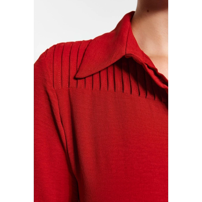 Kadın Moda Şık Midi Boy Gömlek Yaka Regular Kuşaklı Düğmeli Dokuma Gömlek Elbise