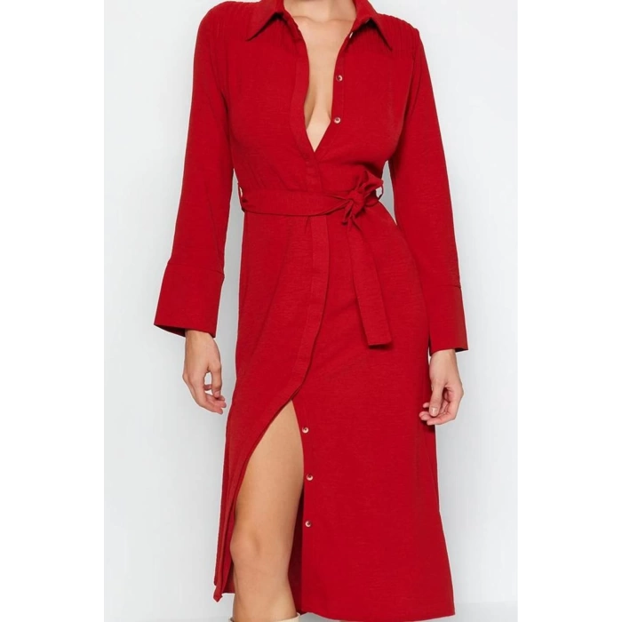 Kadın Moda Şık Midi Boy Gömlek Yaka Regular Kuşaklı Düğmeli Dokuma Gömlek Elbise