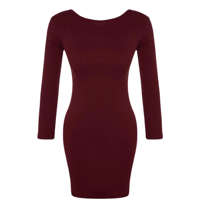 Womens Fashion Mini Length Crew Neck Slim Ribbed Back Detailed Fitted Body-Smoothing Flexible Knitted Dress