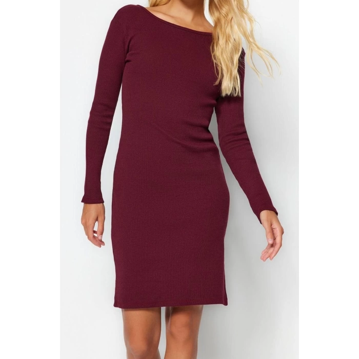 Womens Fashion Mini Length Crew Neck Slim Ribbed Back Detailed Fitted Body-Smoothing Flexible Knitted Dress