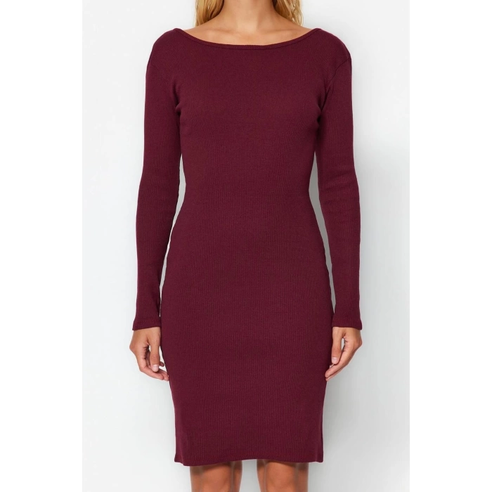 Womens Fashion Mini Length Crew Neck Slim Ribbed Back Detailed Fitted Body-Smoothing Flexible Knitted Dress