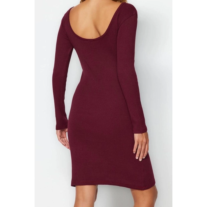 Womens Fashion Mini Length Crew Neck Slim Ribbed Back Detailed Fitted Body-Smoothing Flexible Knitted Dress