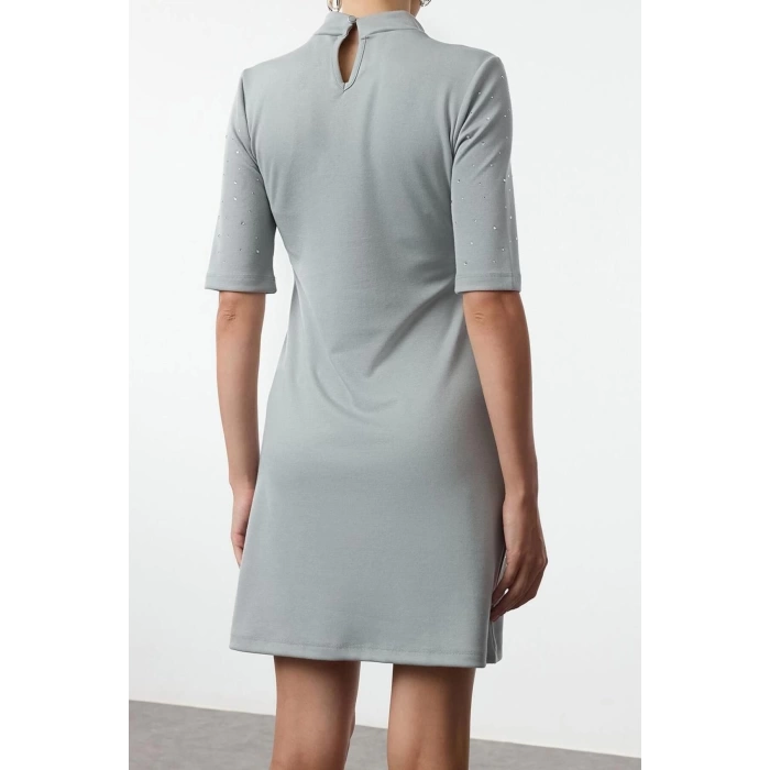 Women Fashion Mini Length Crew Neck Slim Stone Detailed Skater Waist Open Short Sleeve Knitted Pencil Dress