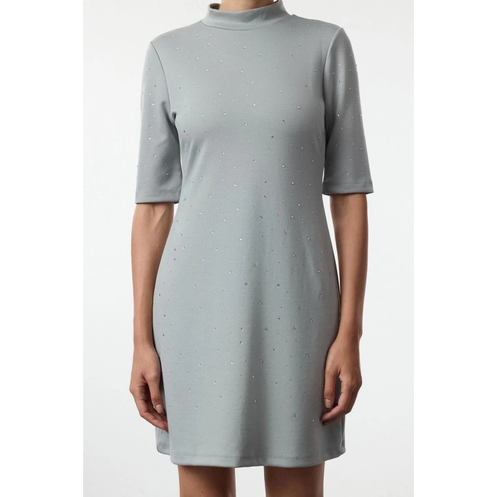 Women Fashion Mini Length Crew Neck Slim Stone Detailed Skater Waist Open Short Sleeve Knitted Pencil Dress