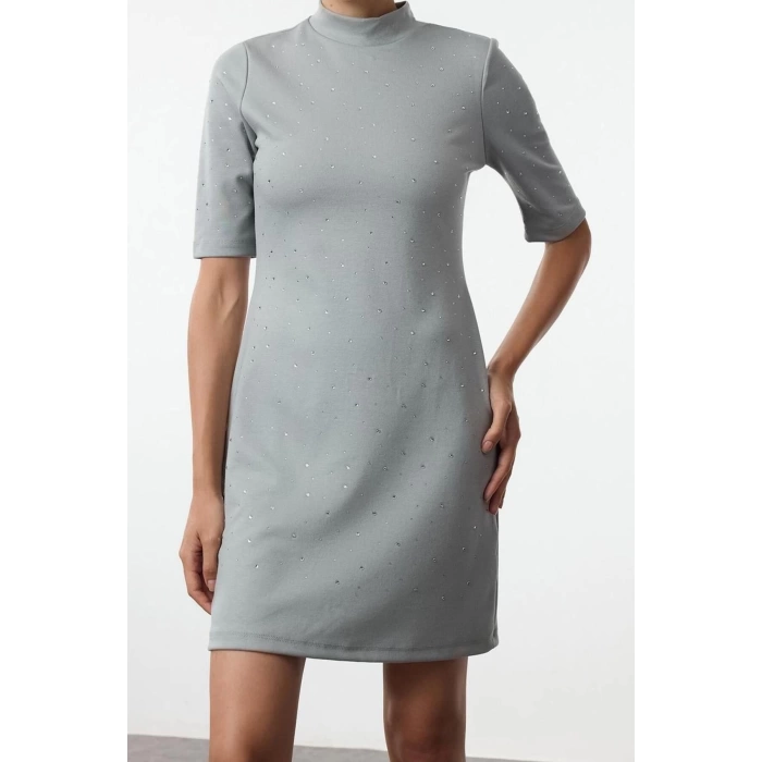 Women Fashion Mini Length Crew Neck Slim Stone Detailed Skater Waist Open Short Sleeve Knitted Pencil Dress