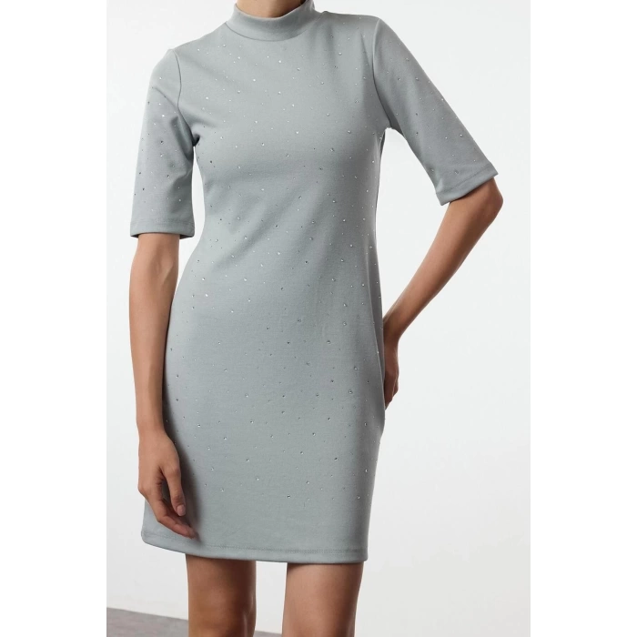 Women Fashion Mini Length Crew Neck Slim Stone Detailed Skater Waist Open Short Sleeve Knitted Pencil Dress