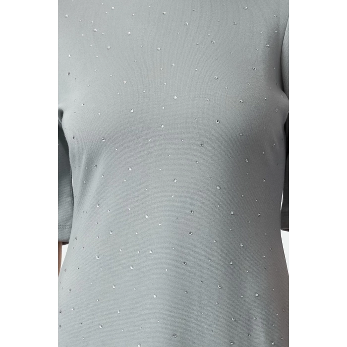 Women Fashion Mini Length Crew Neck Slim Stone Detailed Skater Waist Open Short Sleeve Knitted Pencil Dress