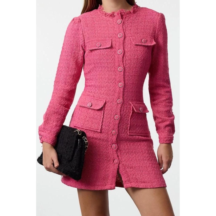 Kadın Moda Şık Mini Boy Bisiklet Yaka Regular Pink Düz Kesim Tüvit Ceket Dokuma Elbise