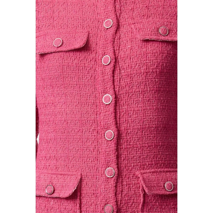 Kadın Moda Şık Mini Boy Bisiklet Yaka Regular Pink Düz Kesim Tüvit Ceket Dokuma Elbise