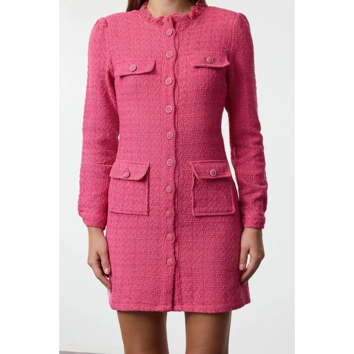 Kadın Moda Şık Mini Boy Bisiklet Yaka Regular Pink Düz Kesim Tüvit Ceket Dokuma Elbise