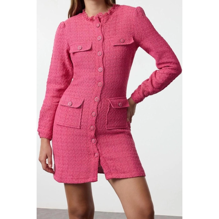 Kadın Moda Şık Mini Boy Bisiklet Yaka Regular Pink Düz Kesim Tüvit Ceket Dokuma Elbise