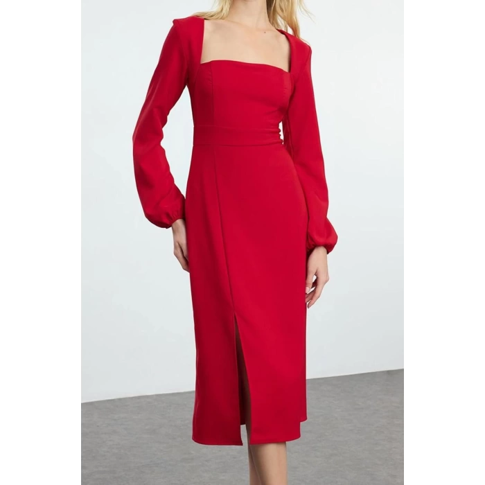 Women Fashion Stylish Midi Length Square Neck Regular Slit Woven Dress