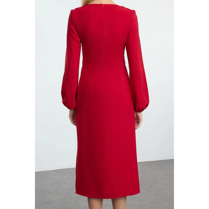 Women Fashion Stylish Midi Length Square Neck Regular Slit Woven Dress