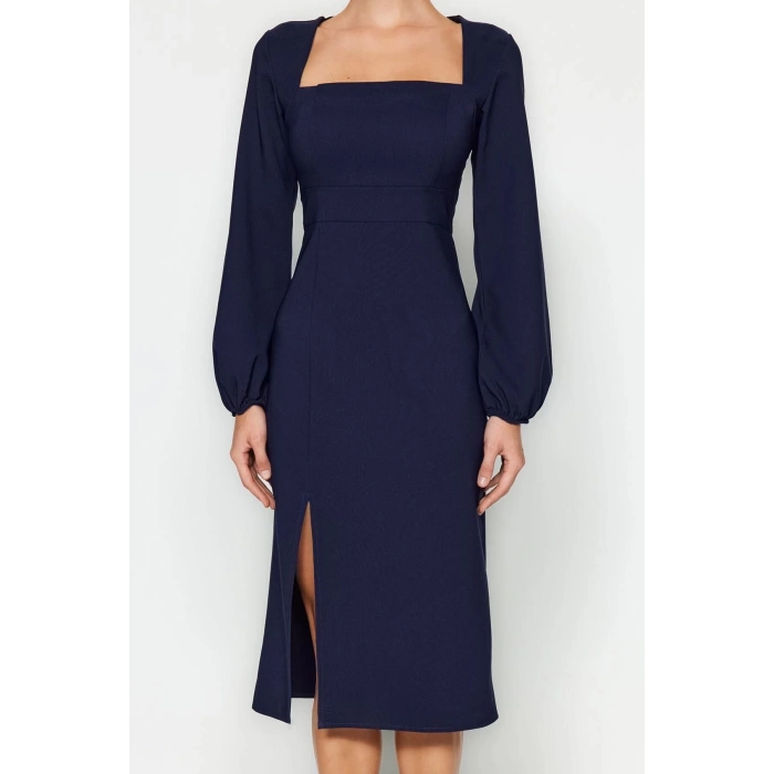 Women Fashion Stylish Midi Length Square Neck Regular Slit Woven Dress