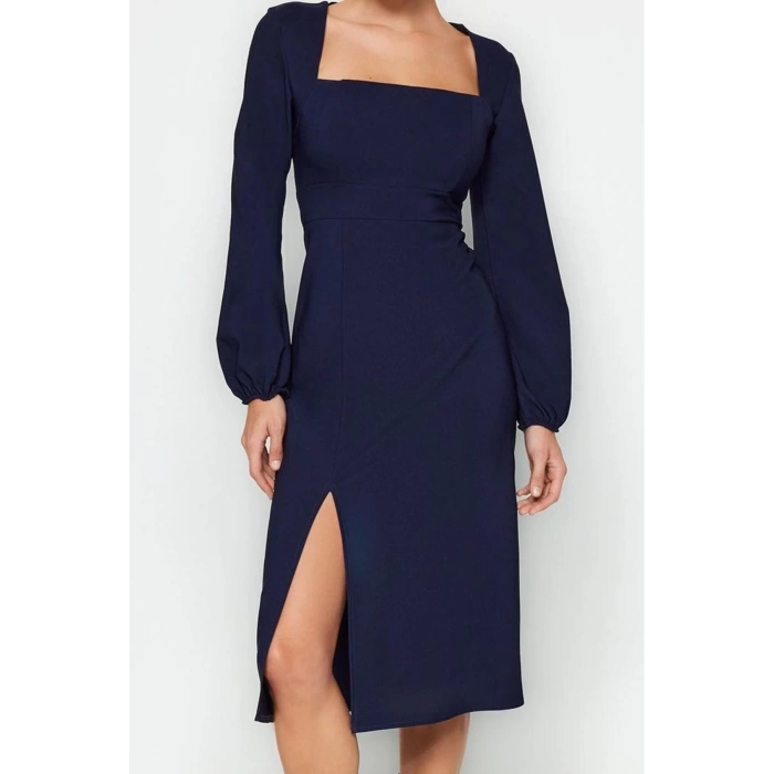 Women Fashion Stylish Midi Length Square Neck Regular Slit Woven Dress
