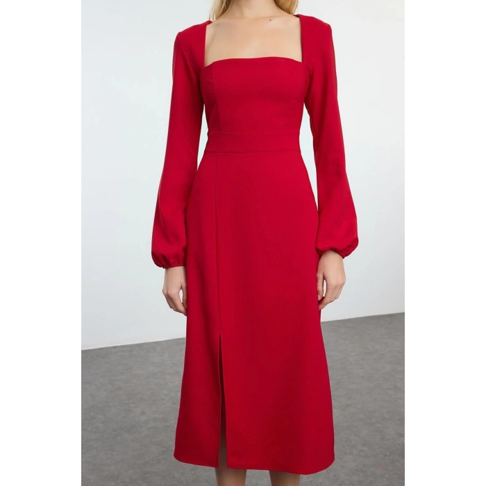 Women Fashion Stylish Midi Length Square Neck Regular Slit Woven Dress