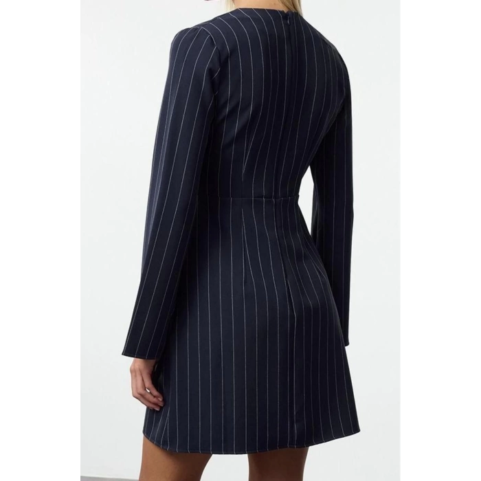 Kadın Moda Şık Mini Boy Kruvaze Regular Çizgili Dokuma Elbise