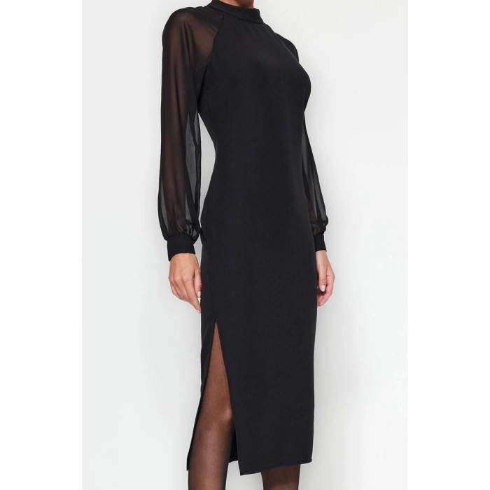 Kadın Moda Şık Midi Boy Dik Yaka Regular Kol Detaylı Dokuma Elbise