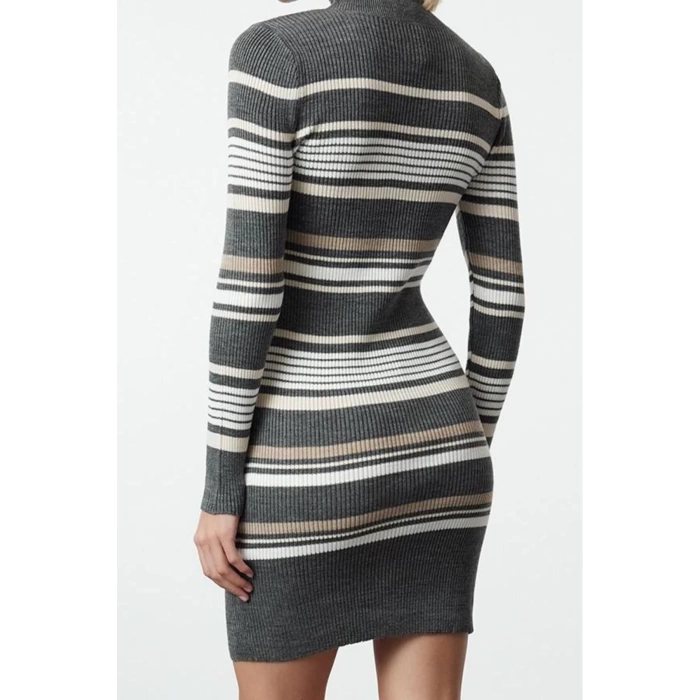 Kadın Moda Şık Mini Boy Dik Yaka Regular Triko Renk Bloklu Elbise