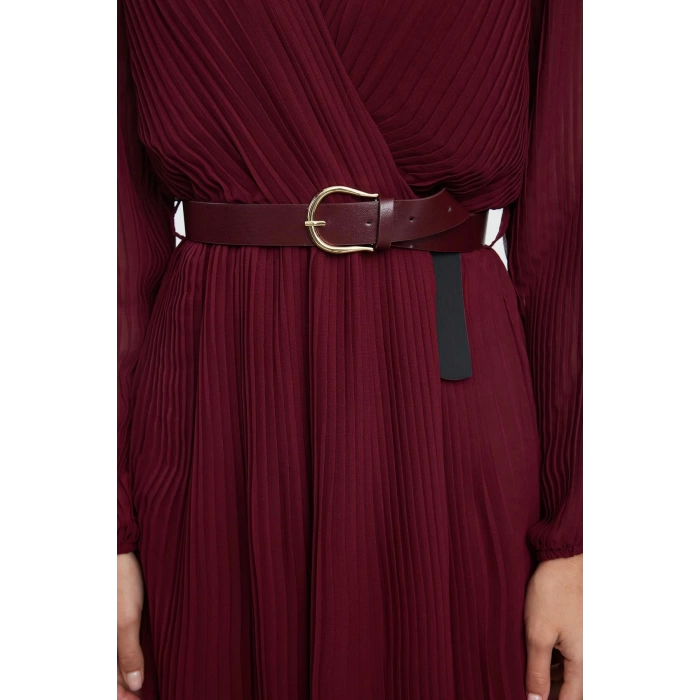 Kadın Moda Şık Midi Boy Kruvaze Regular Kemerli Düz Kemerli Dokuma Elbise