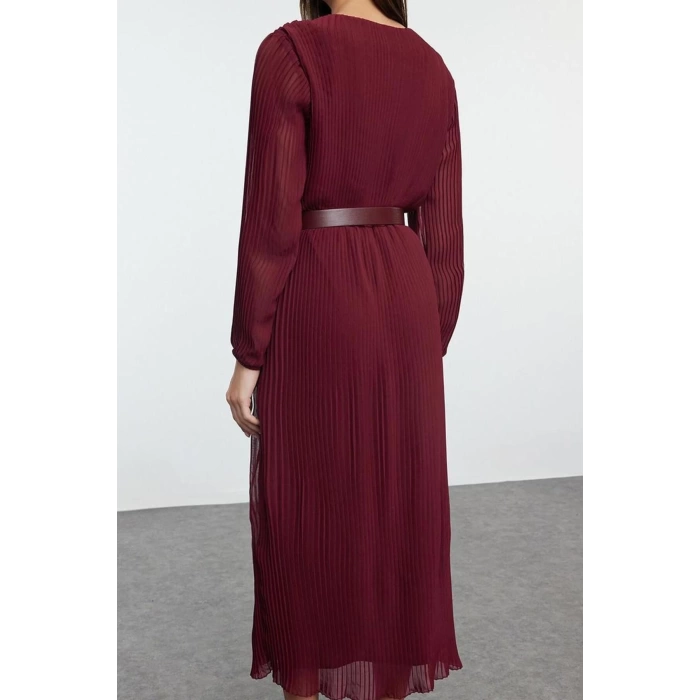 Kadın Moda Şık Midi Boy Kruvaze Regular Kemerli Düz Kemerli Dokuma Elbise
