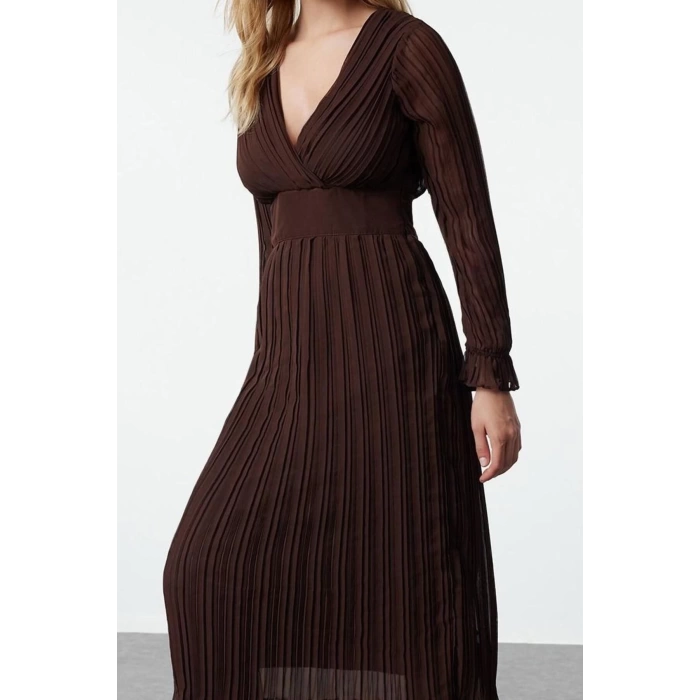Kadın Moda Şık Midi Boy Kruvaze Regular Kuşaklı Düz Dokuma Elbise