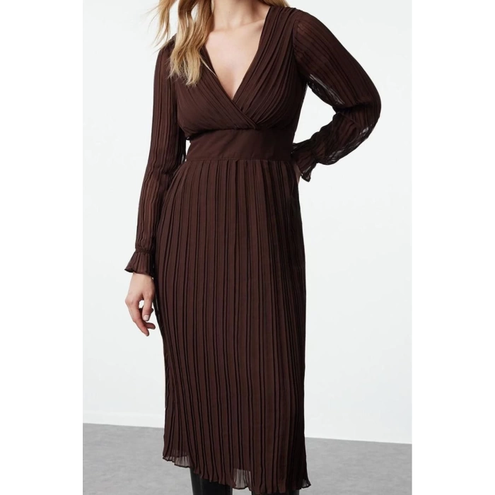 Kadın Moda Şık Midi Boy Kruvaze Regular Kuşaklı Düz Dokuma Elbise