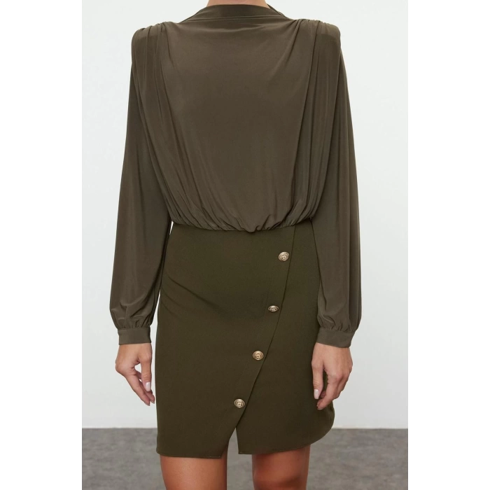 Kadın Moda Şık Mini Boy Dik Yaka Regular Düz Vatkalı Dokuma Elbise