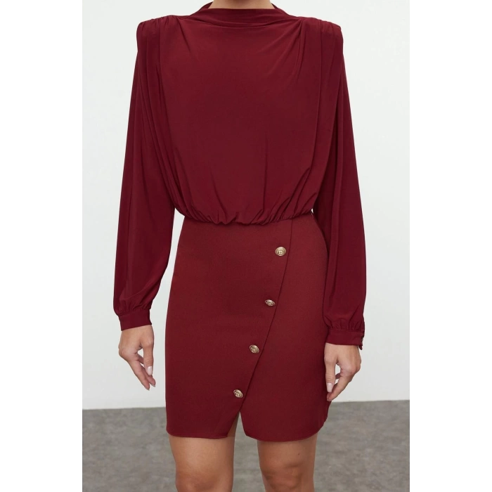Kadın Moda Şık Mini Boy Dik Yaka Regular Düz Vatkalı Dokuma Elbise