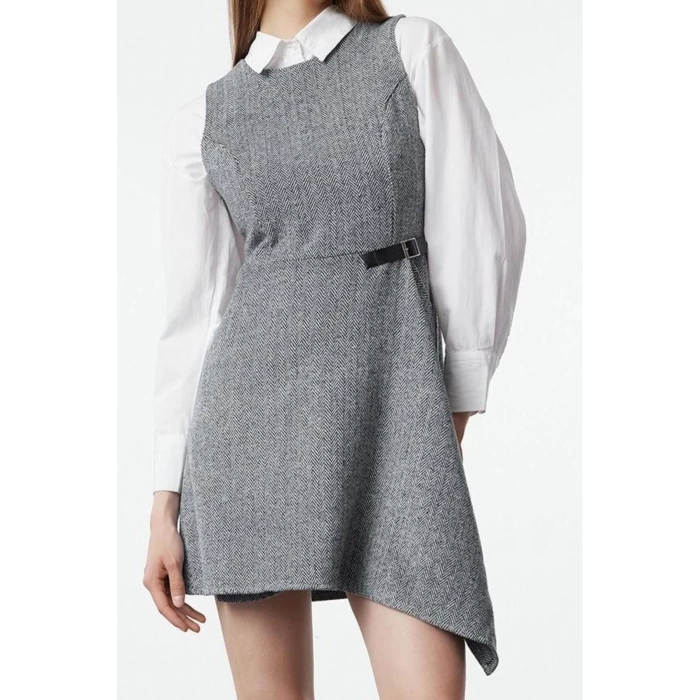 Kadın Moda Şık Mini Boy Bisiklet Yaka Regular A Kesim Eteği Asimetrik Dokuma Elbise