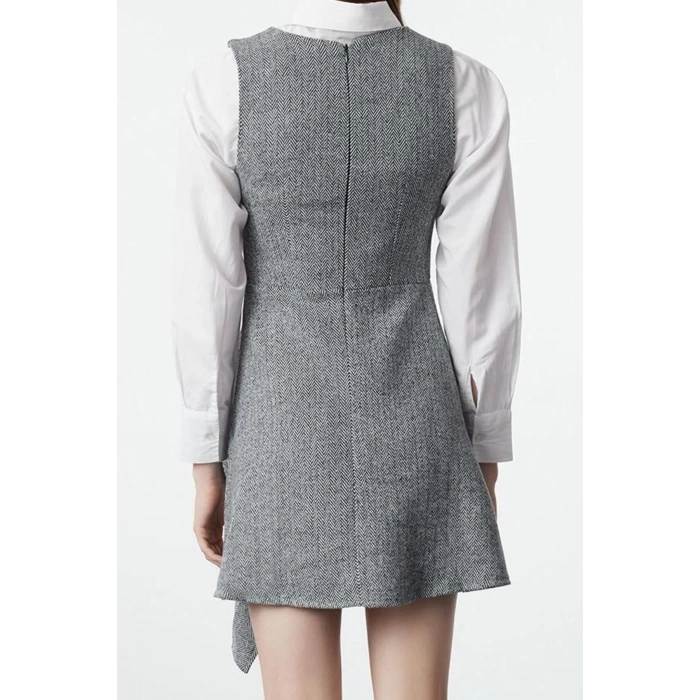 Kadın Moda Şık Mini Boy Bisiklet Yaka Regular A Kesim Eteği Asimetrik Dokuma Elbise