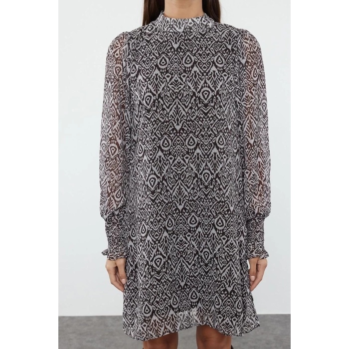 Kadın Moda Şık Mini Boy Dik Yaka Regular Soyut Dokuma Kışlık Elbise